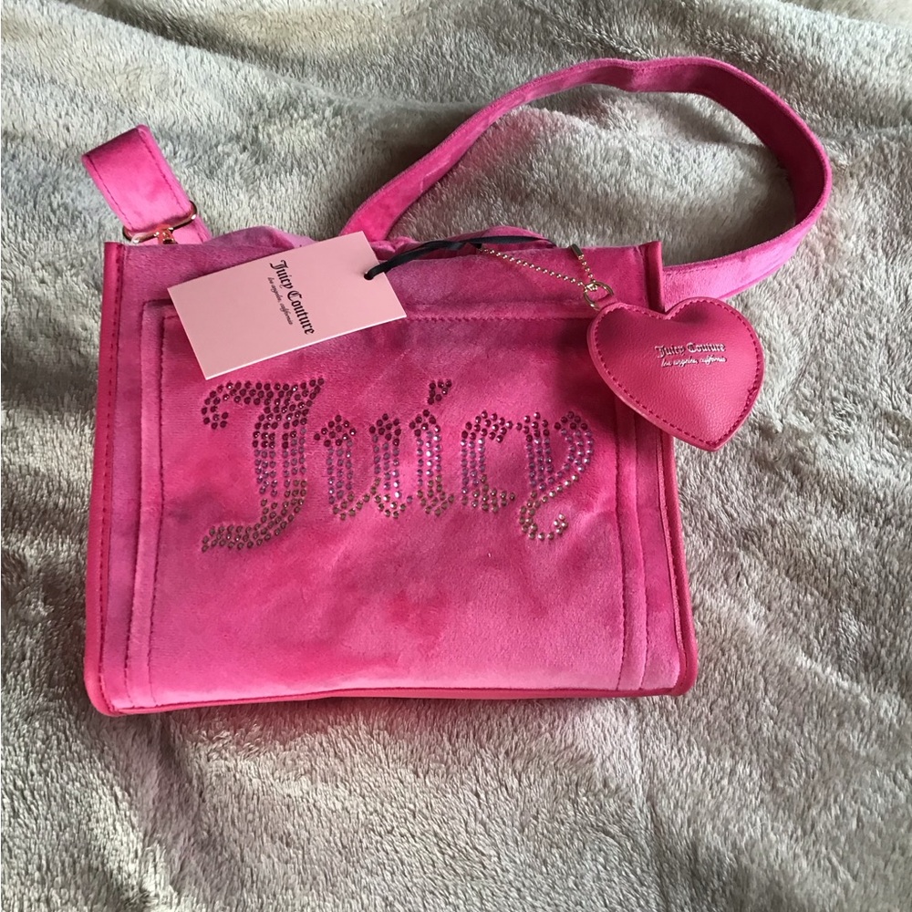 Juicy Couture Free Love FluffyMini Tote Pink with zipper and heart charm. New